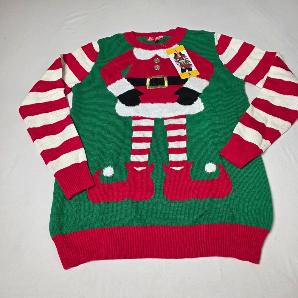 To Be Jolly Ugly Christmas Sweater Women S Green Mrs Elf Striped Holiday Knit
